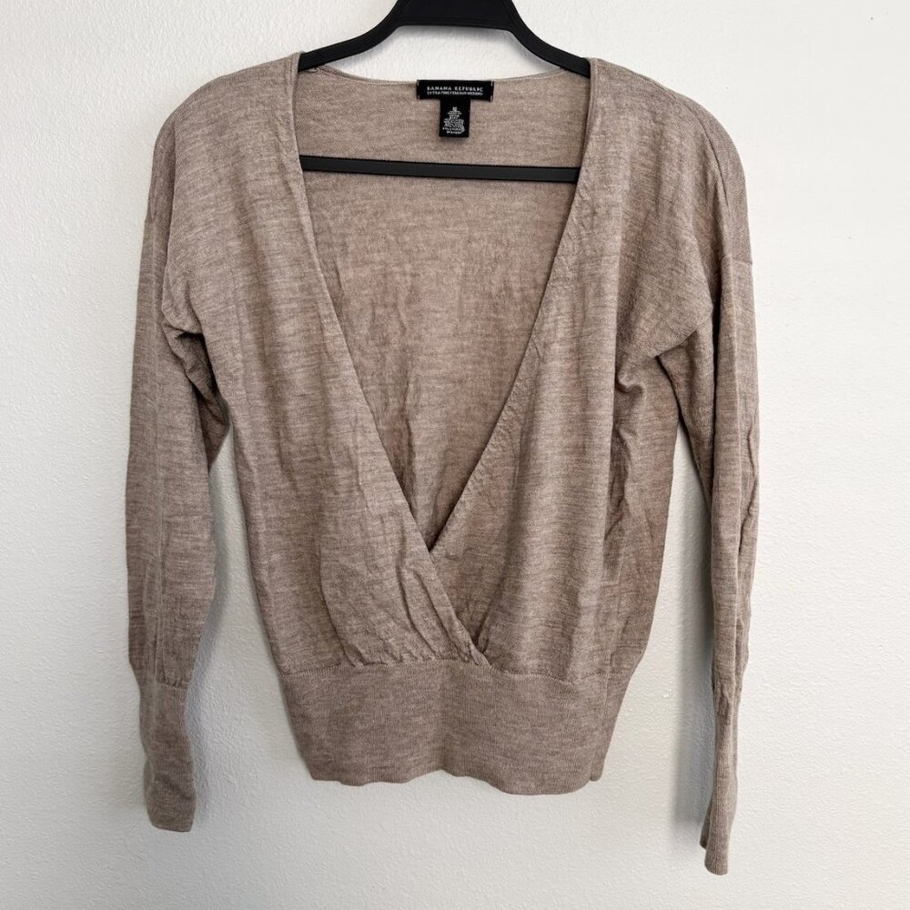 Banana Republic Balletcore Extra Fine Merino Wool Crossover Sweater Tan Beige Si